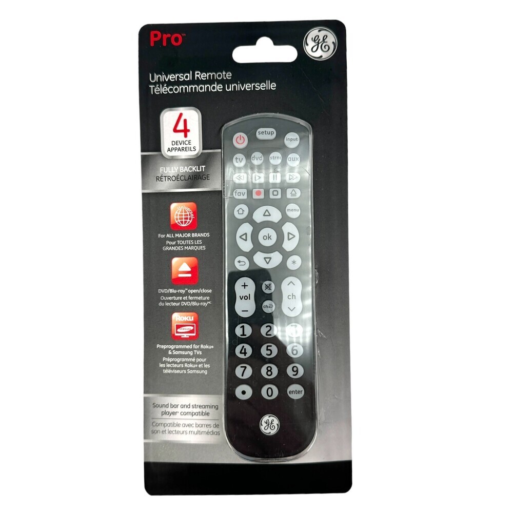 GE Pro Universal Remote Multi 4 -Device Backlit Major Brands TV Players Roku NOB